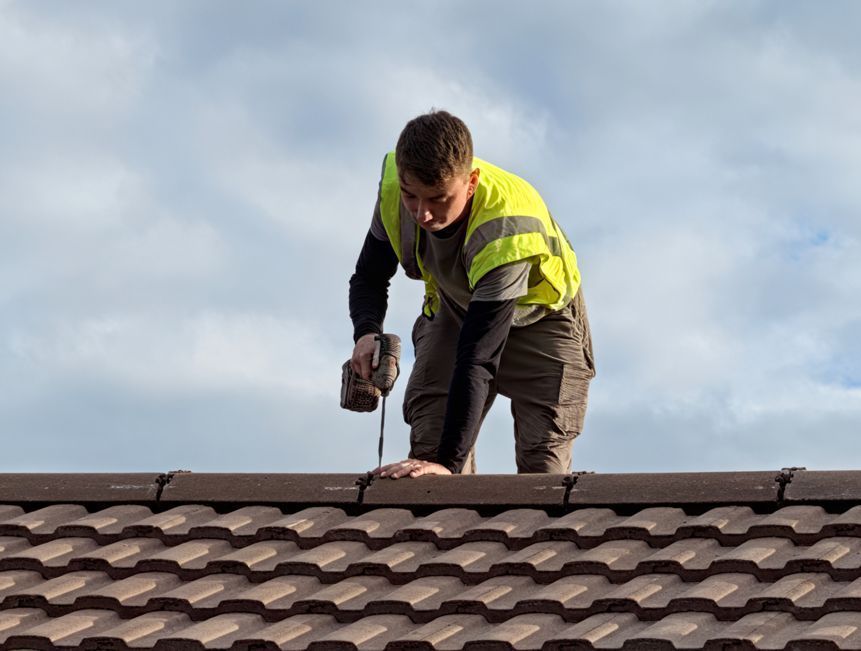 A man is working on the roof of a house.
