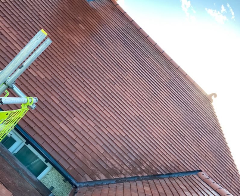 A roof with a scaffolding attached to it and a window.