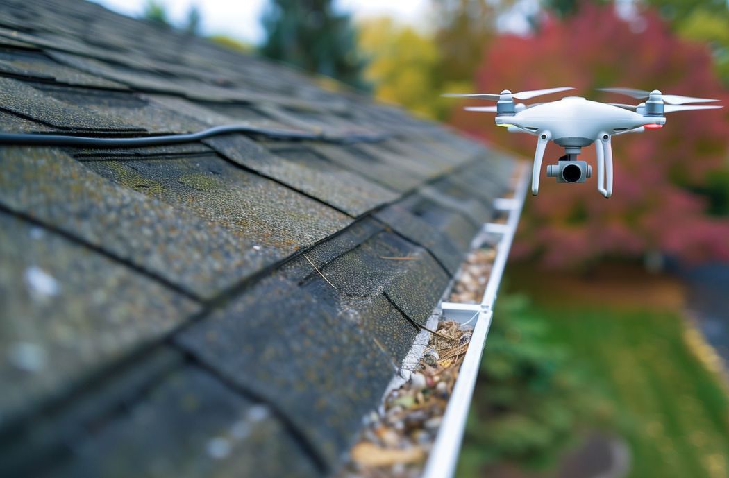 A drone is flying over a gutter on a roof.