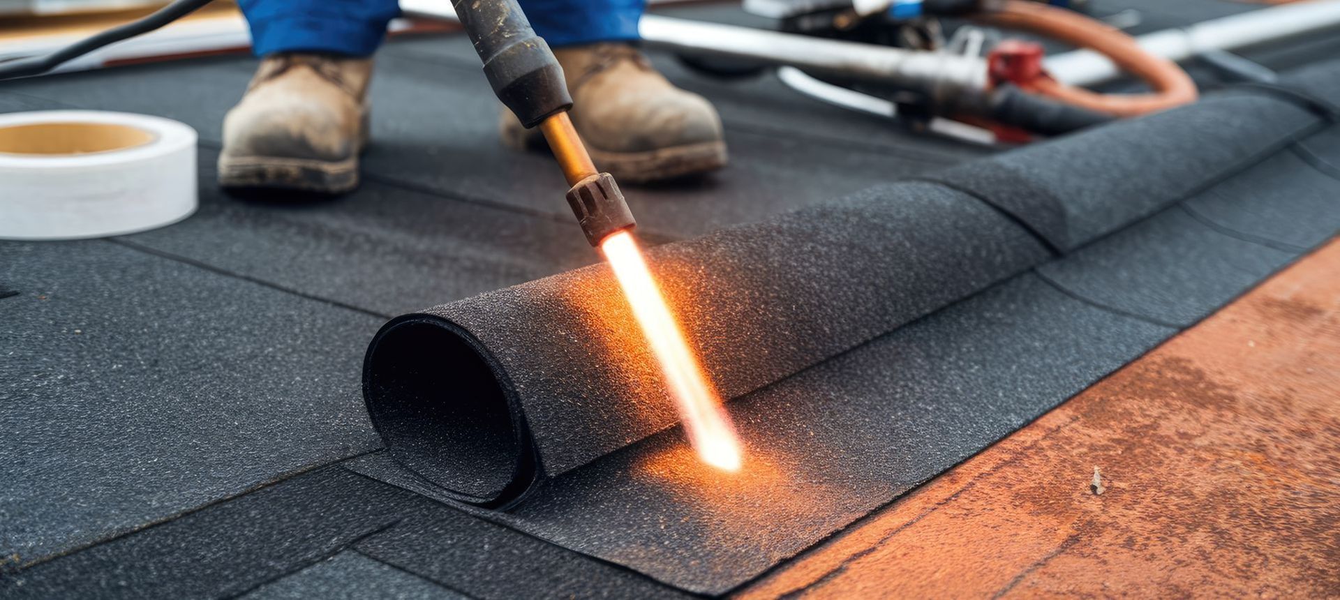 A person is cutting a roll of roofing with a torch.