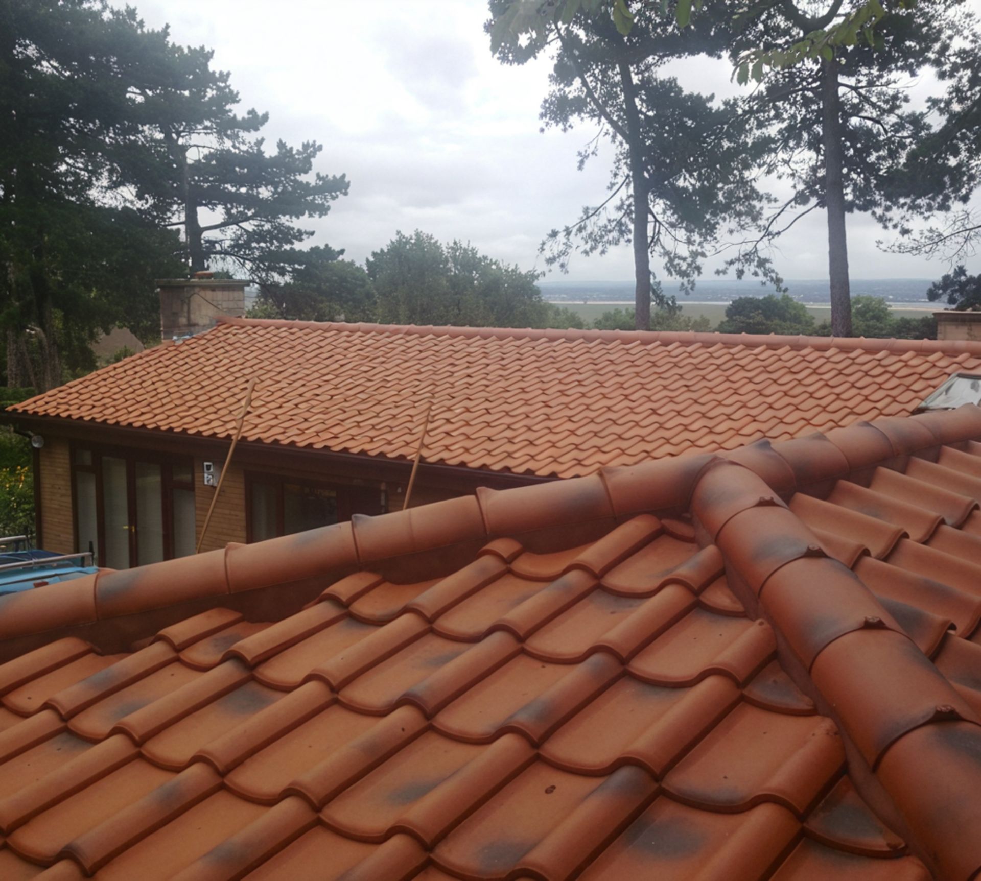A red tiled roof with trees in the background
