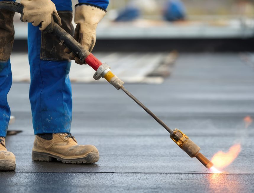 A man is using a torch to heat a roof.