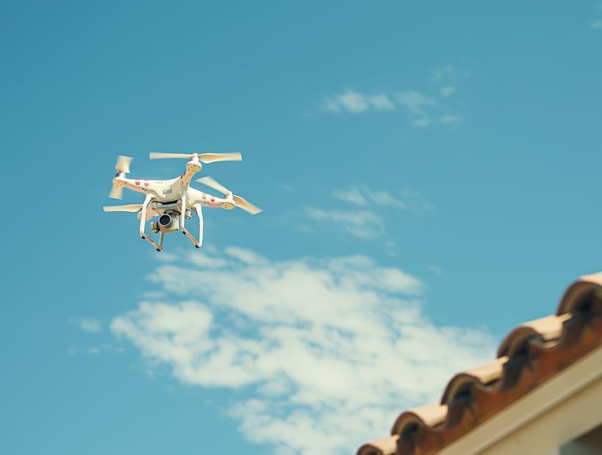 A drone is flying in the sky over a roof.