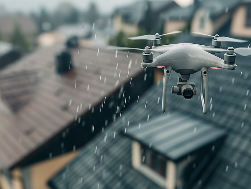 A drone is flying over a roof in the rain.