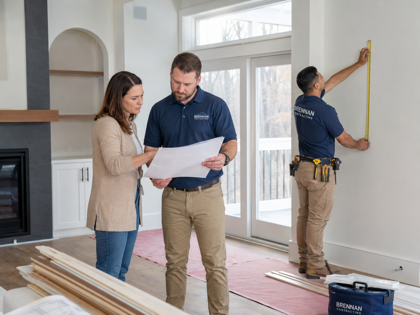 Professional home remodeling contractor reviewing renovation plans with a homeowner.