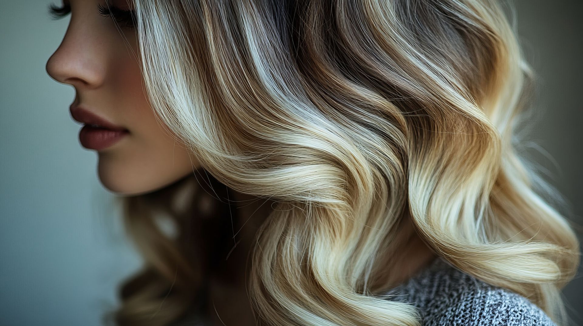 Femme aux cheveux bouclés, blonds et bruns ombrés ; vue de profil.