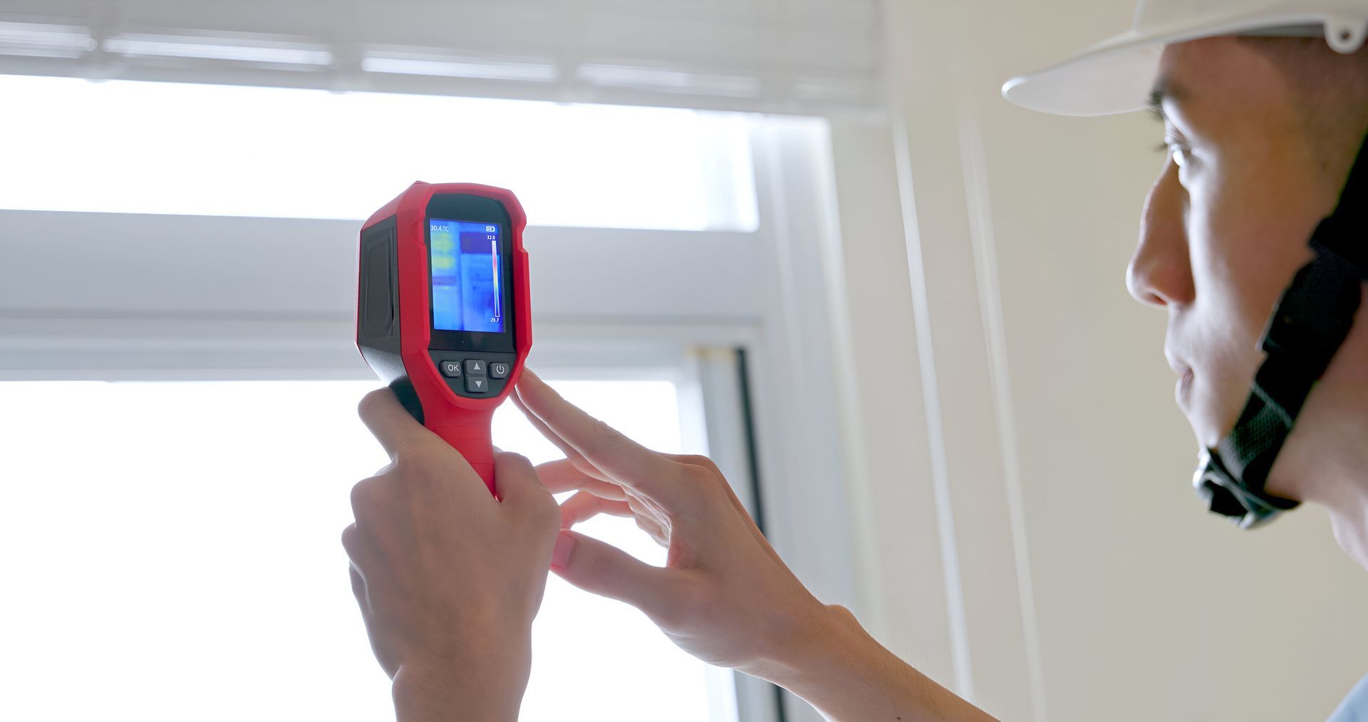A man is taking a picture of a window with a thermal camera.