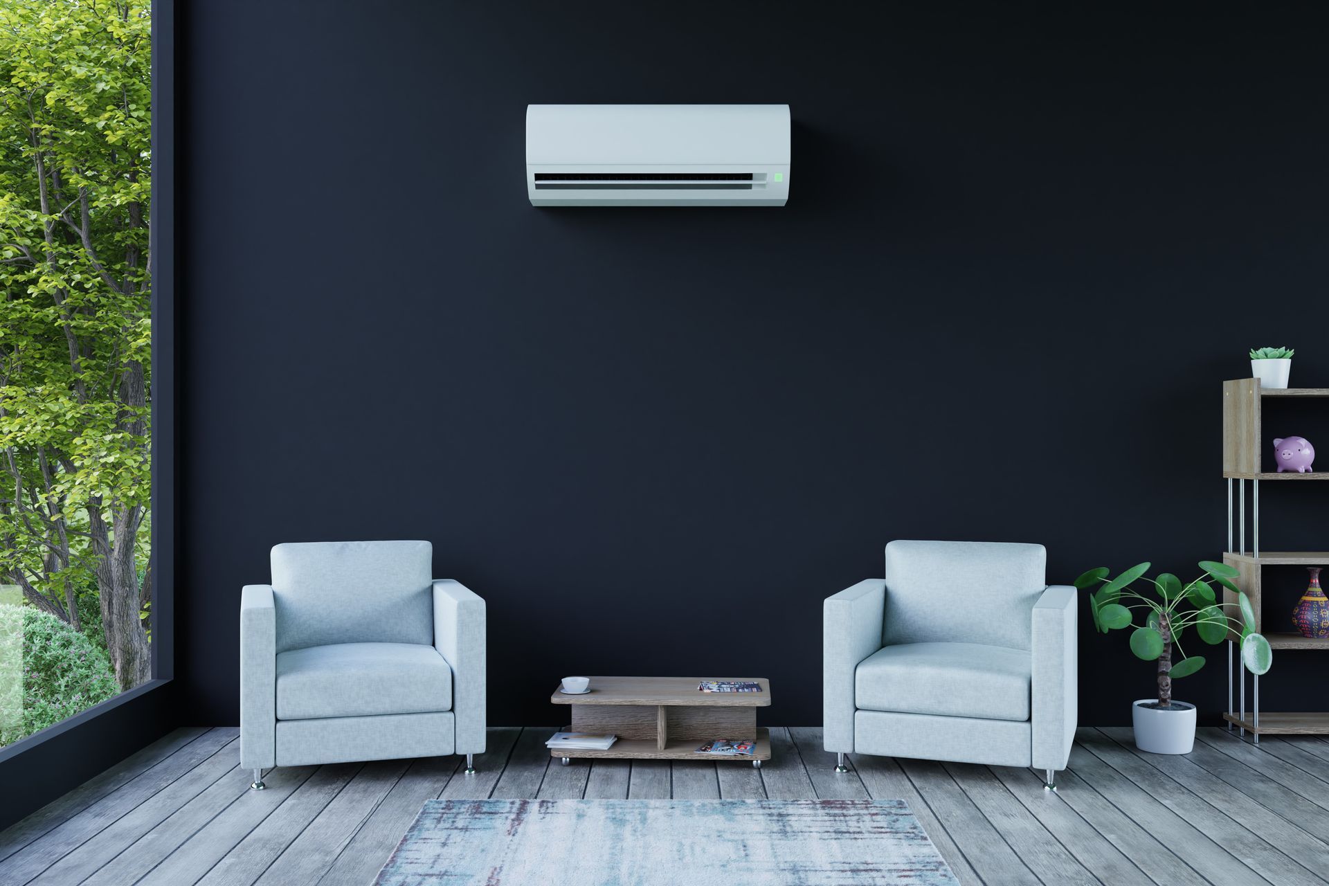 A living room with two chairs and a air conditioner on the wall.