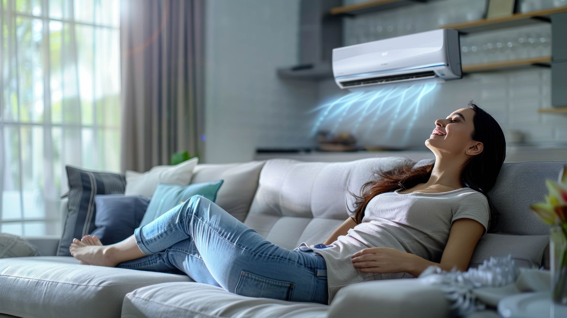 A woman is laying on a couch in front of an air conditioner.