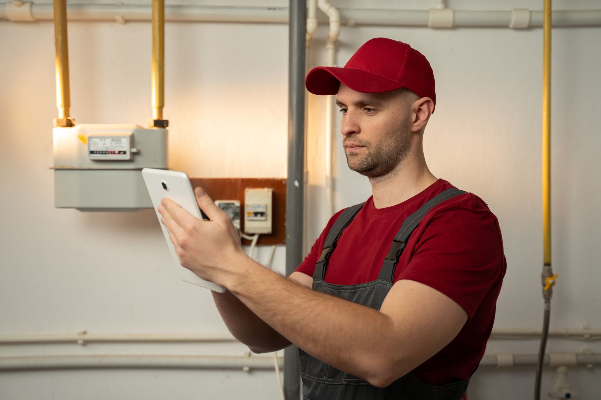 A man in a red hat is looking at a tablet.