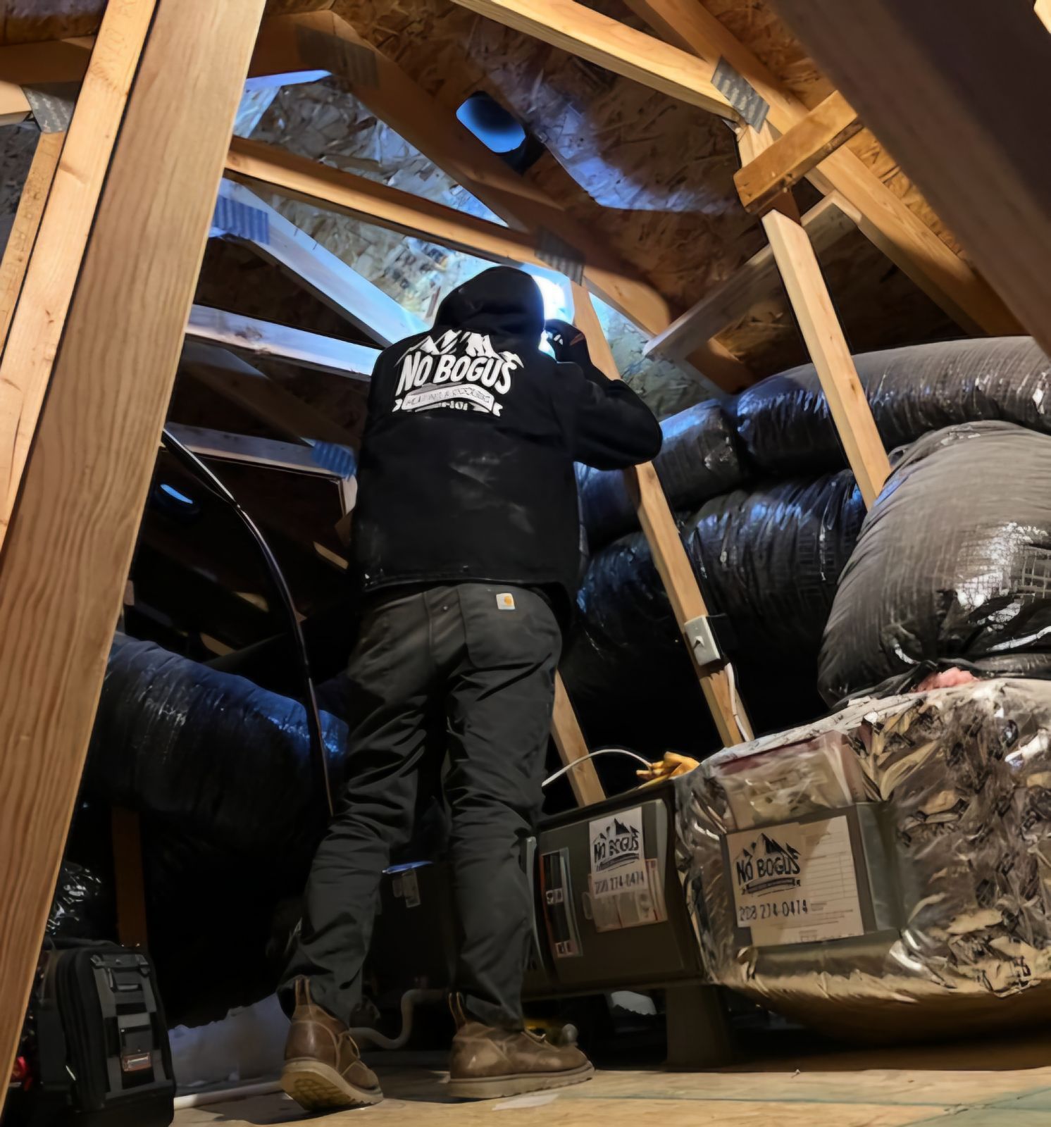 A man wearing a no roots hoodie is standing in an attic