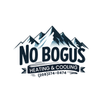 The logo for no bogus heating and cooling has a mountain in the background.