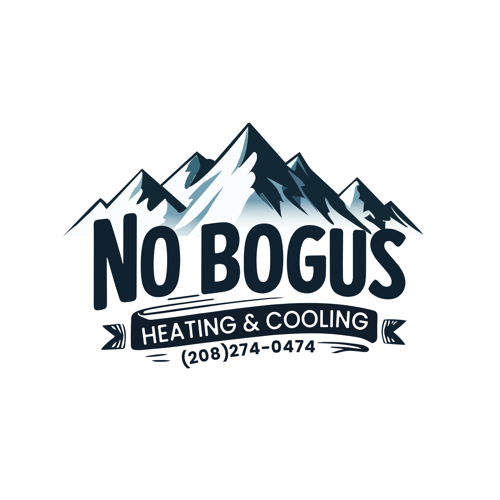 The logo for no bogus heating and cooling has a mountain in the background.