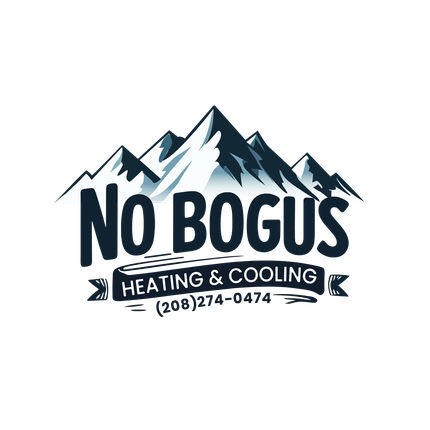 The logo for no bogus heating and cooling has a mountain in the background.