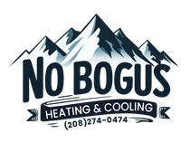 The logo for no bogus heating and cooling has a mountain in the background.