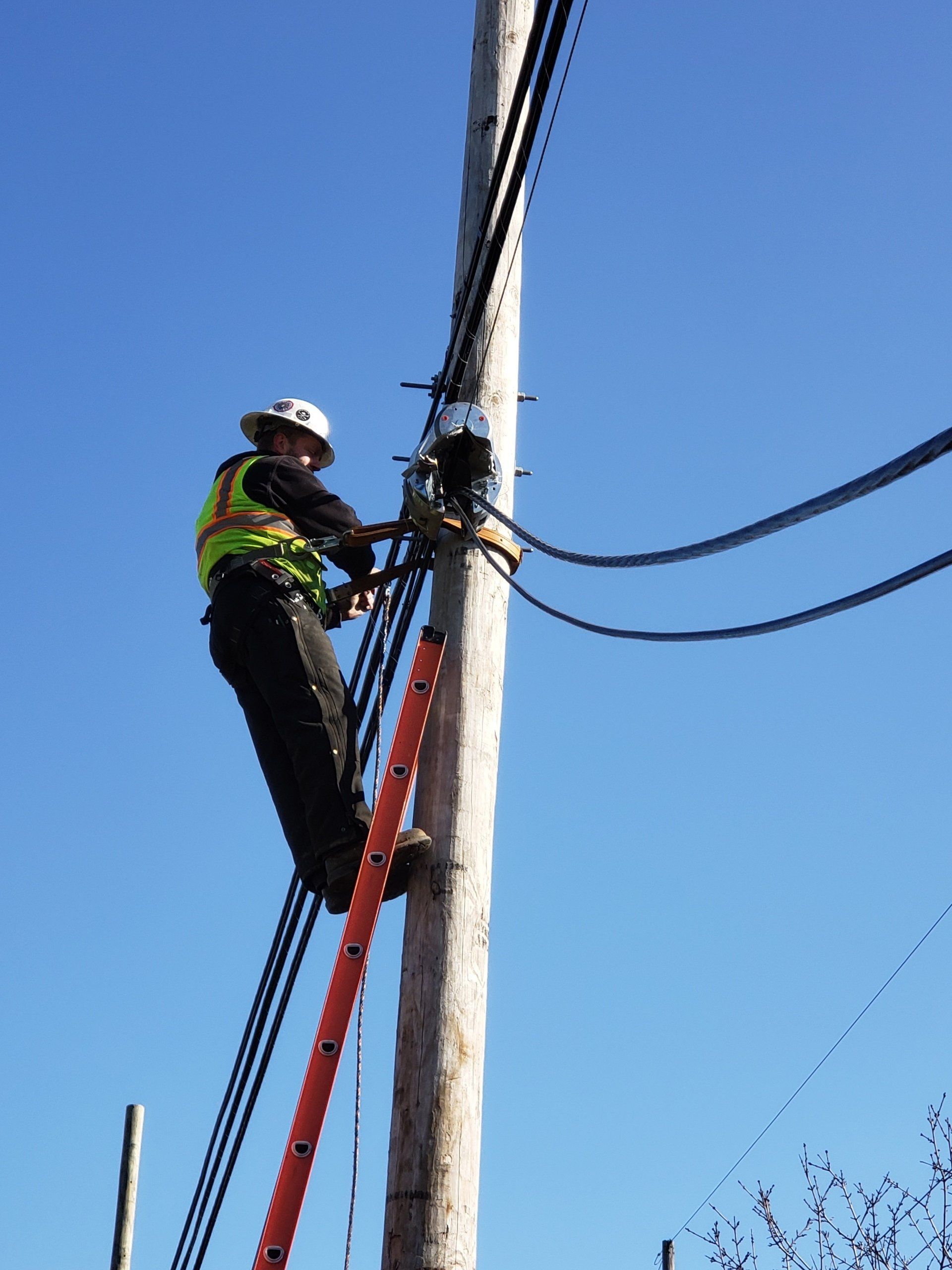A man on a ladder working on a power pole