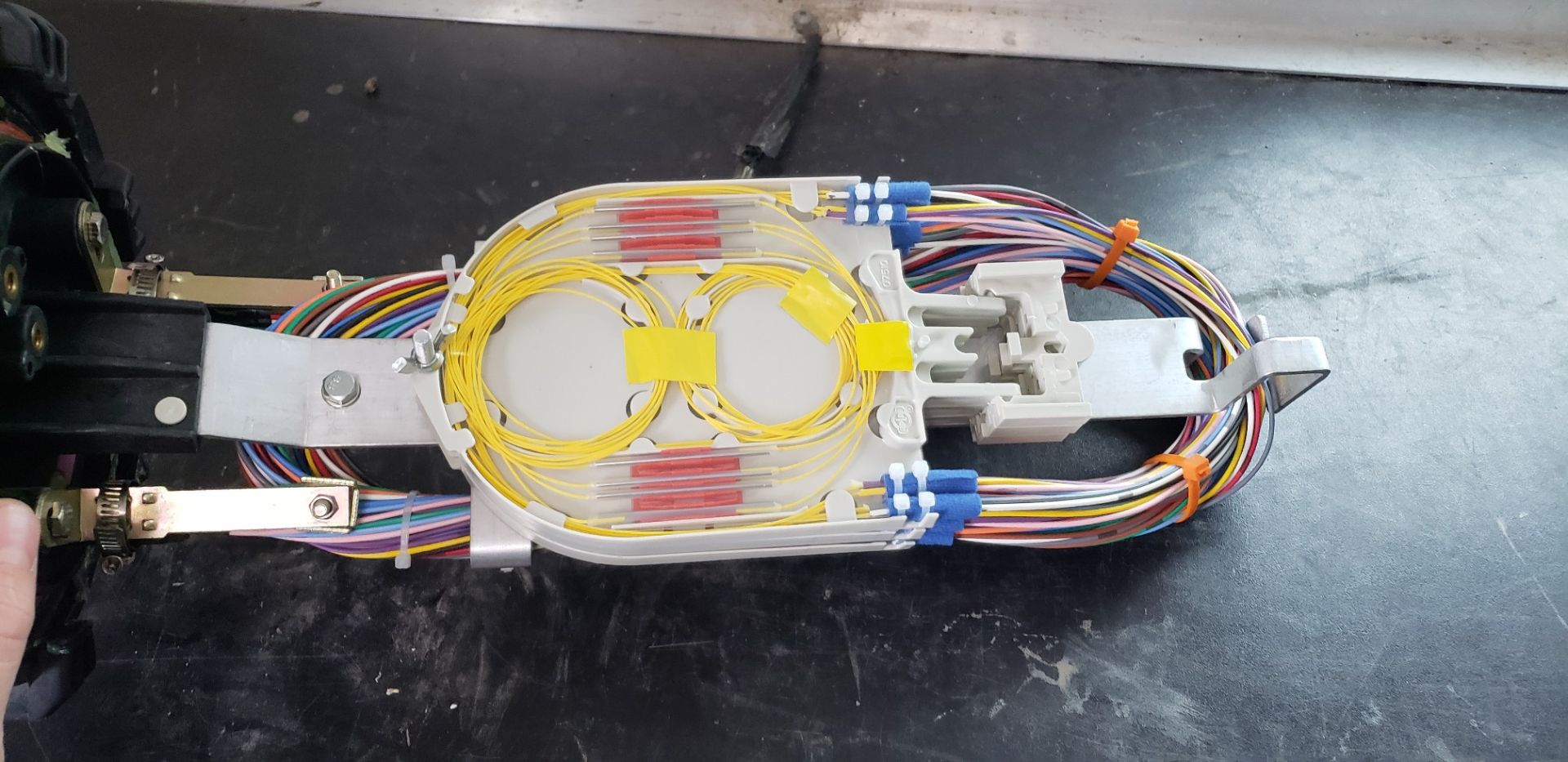 A person is holding a splitter with a bunch of wires coming out of it.