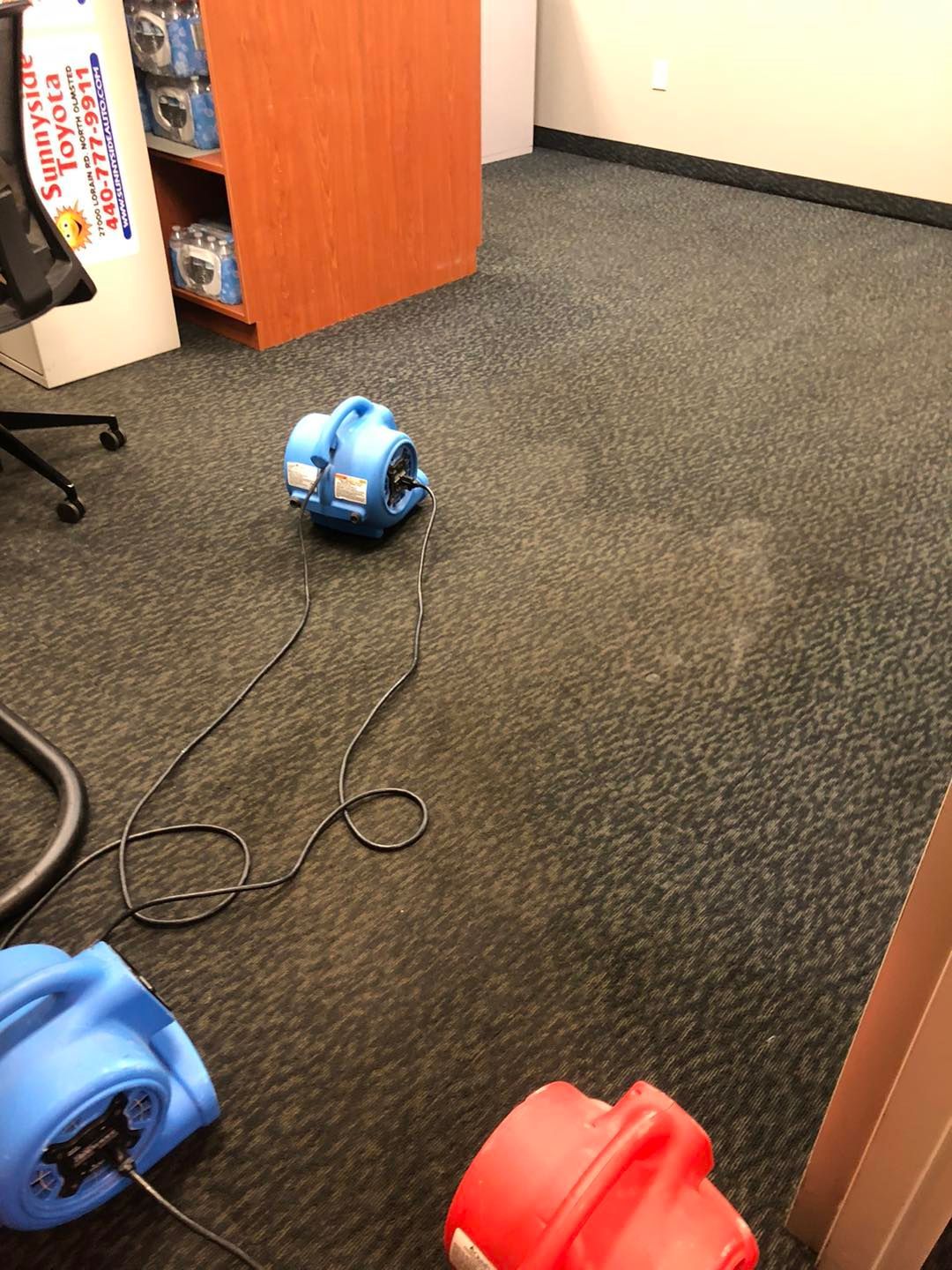 A blue and red vacuum cleaner is sitting on the floor of a room.