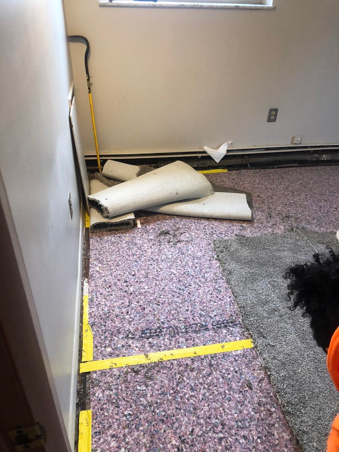 A person is laying carpet on the floor in a room.