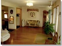 Living room with hardwood floors, sofa, grandfather clock, and large plant.