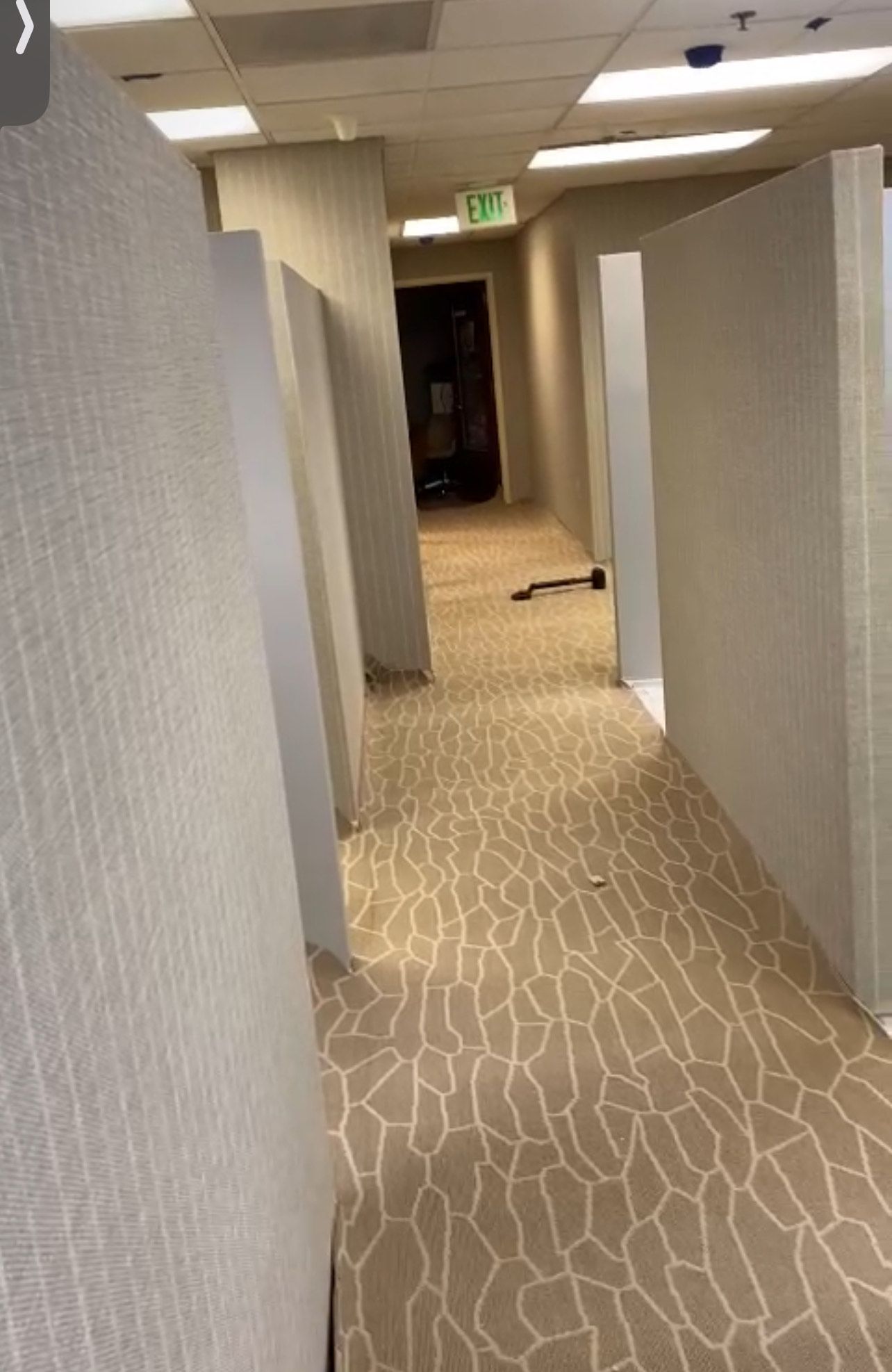 A long hallway with a carpeted floor and white walls.