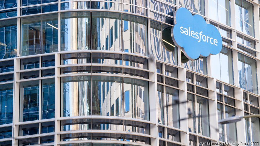 A large building with a salesforce logo on the side of it.