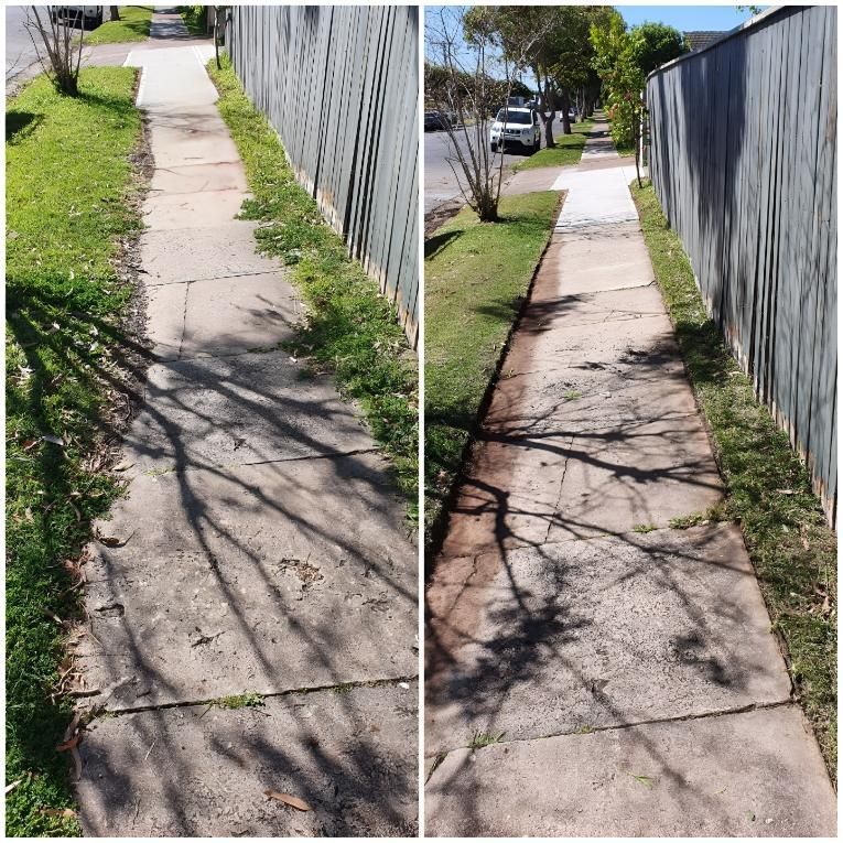 Two Pictures Of A Sidewalk Before And After Being Cleaned — The Local Bloke Lawn & Garden Care In Warners Bay, NSW