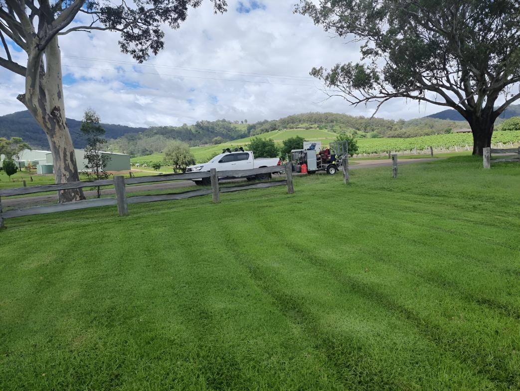 Photo of nice Lush Green Lawn in a winery in Pokolbin with a white car in the backgroung pulling a trailer with a mower on top— The Local Bloke Lawn & Garden Care In Pokolbin, NSW