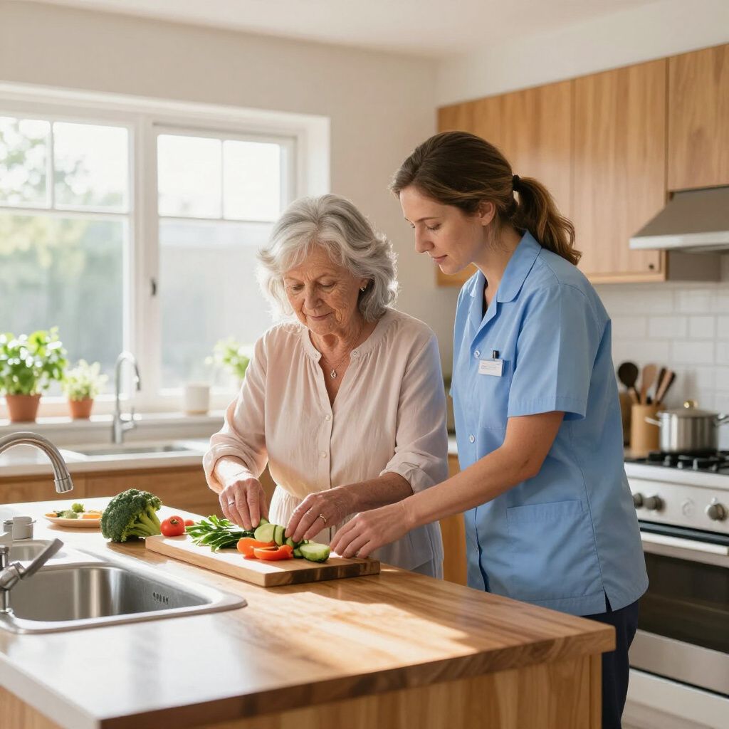 Woman in kitchen slicing vegetables with assistance from a caregiver.