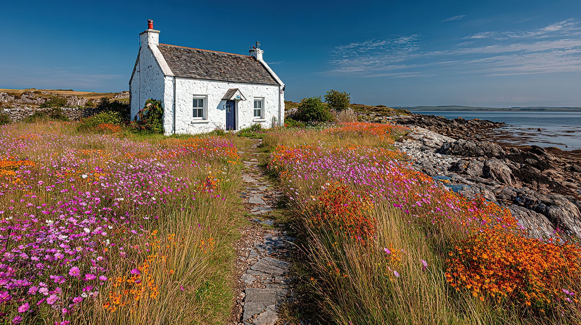 White cottage with a gray roof sits in a vibrant field of flowers by the rocky coast under a clear blue sky.