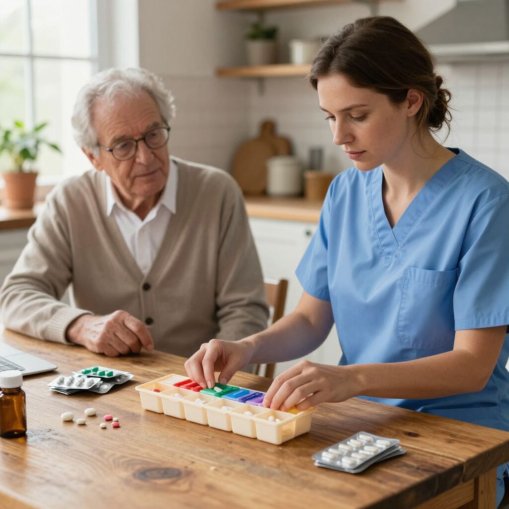 Caregiver and senior at kitchen table with medications and pill organizer.