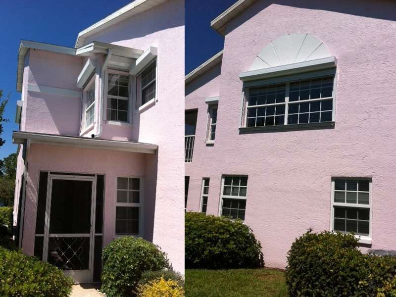Two Pictures of a Pink House With White Windows — Naples, FL — Wind Safe Shutters LLC