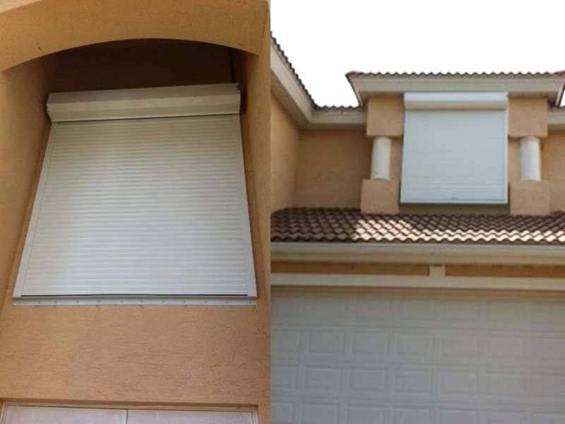 Two Pictures of a House With Roller Shutters on the Windows — Naples, FL — Wind Safe Shutters LLC