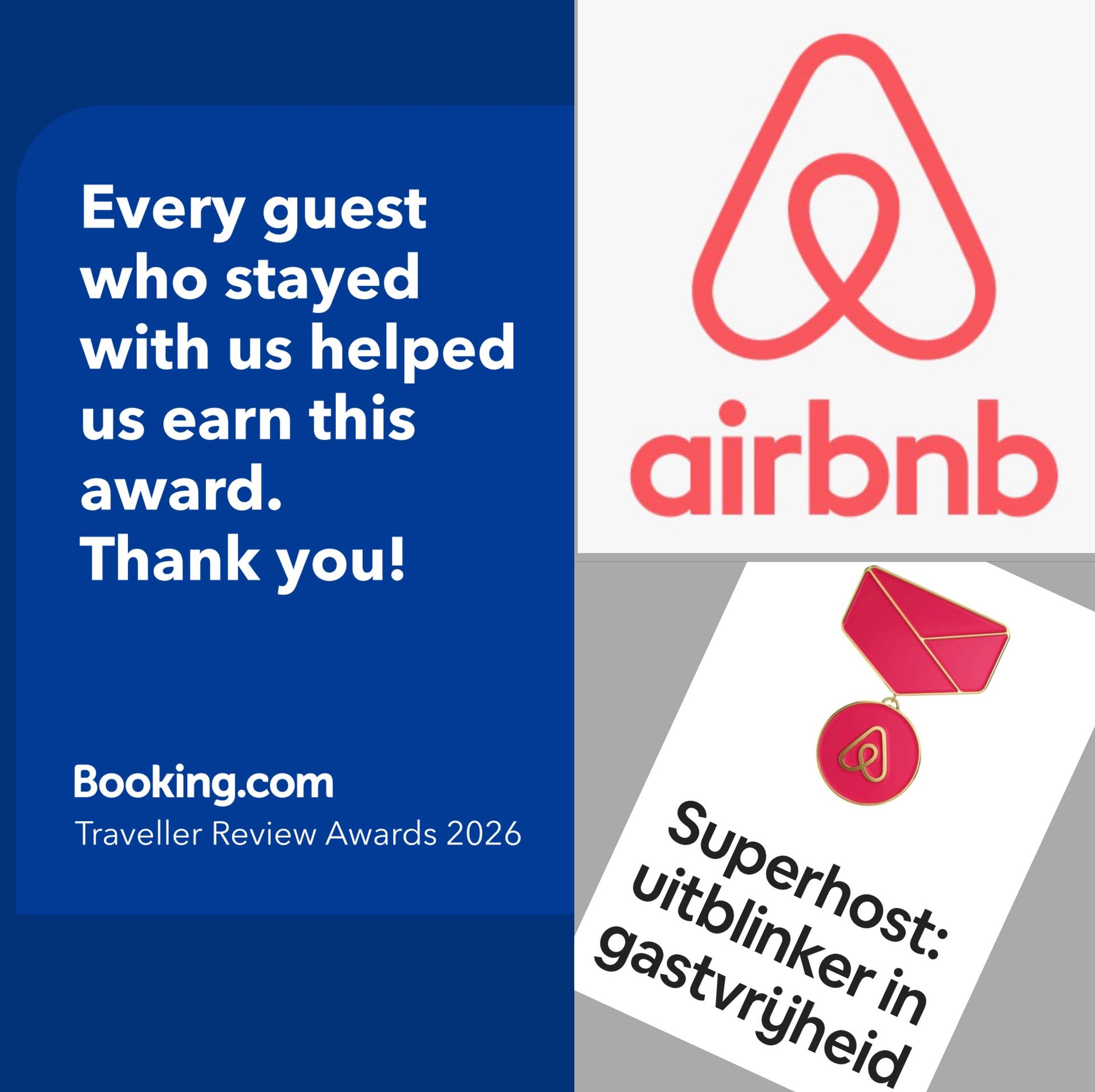 Airbnb Superhost  and Booking Traveller Award 