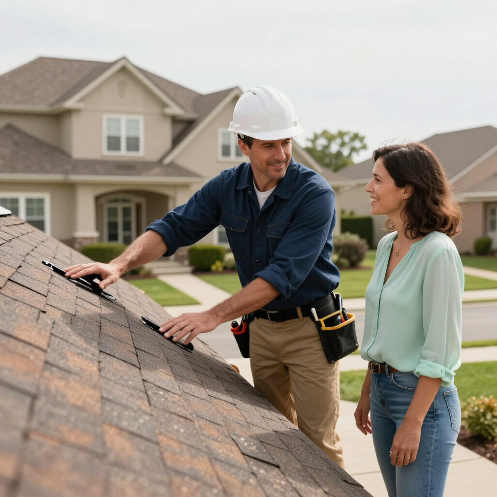 Roofer inspecting a shingle roof with a homeowner in Round Rock, TX