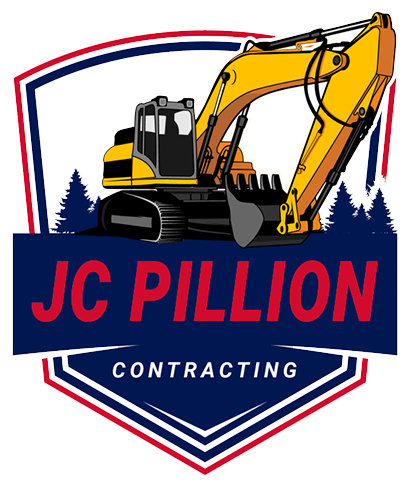 Yellow excavator on a blue and red logo for JC Pillion Contracting, with text CONTRACTING.