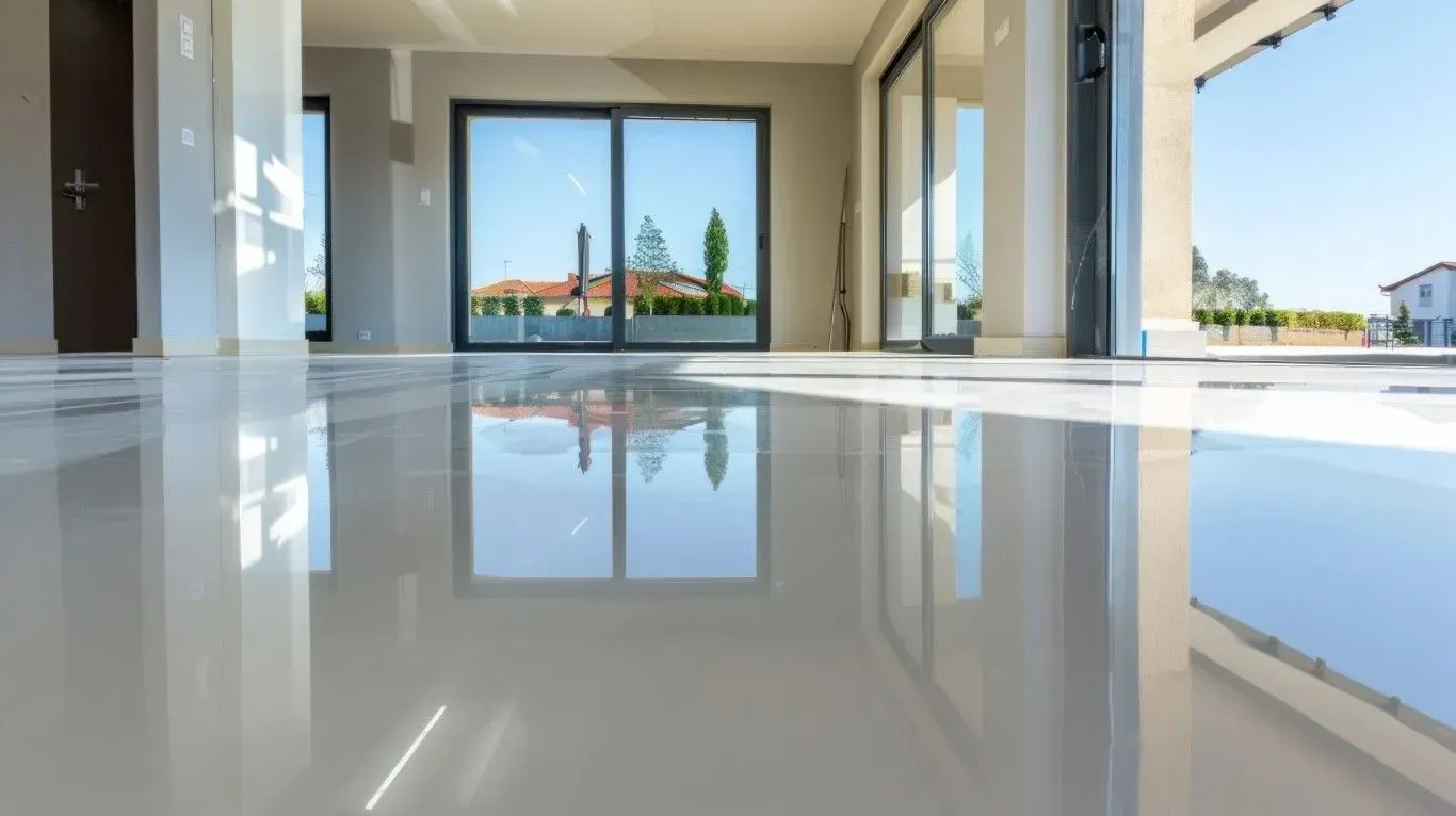 Bright empty modern room with glossy floor, open doors, and a view of blue sky and water outside