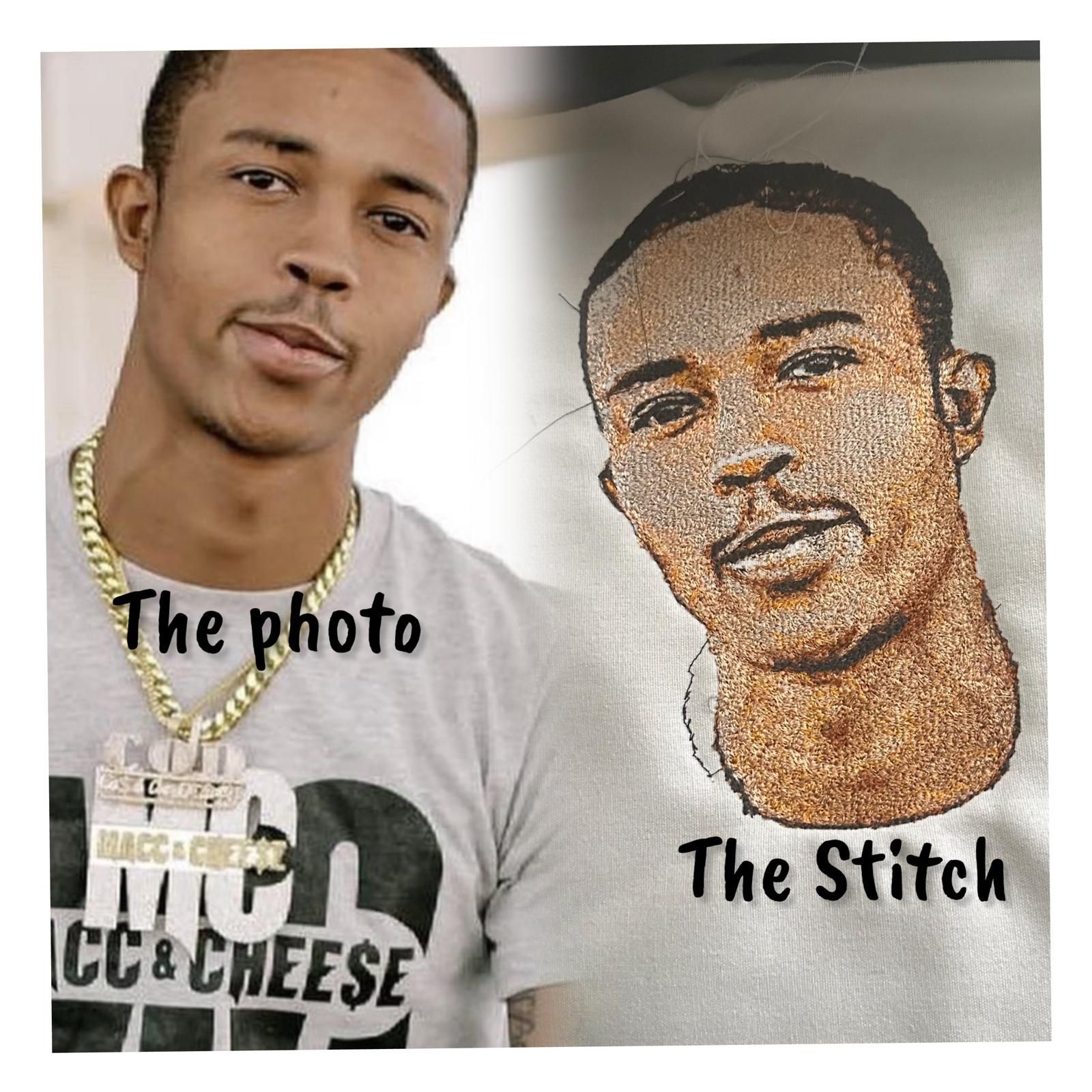 A side-by-side comparison of a photo and a stitched portrait of a man wearing a gold chain and t-shirt.