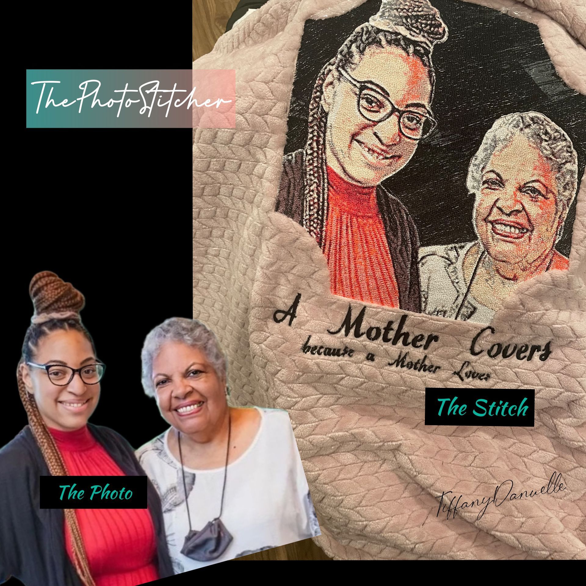 Two women are standing next to each other next to a picture of a mother and daughter.