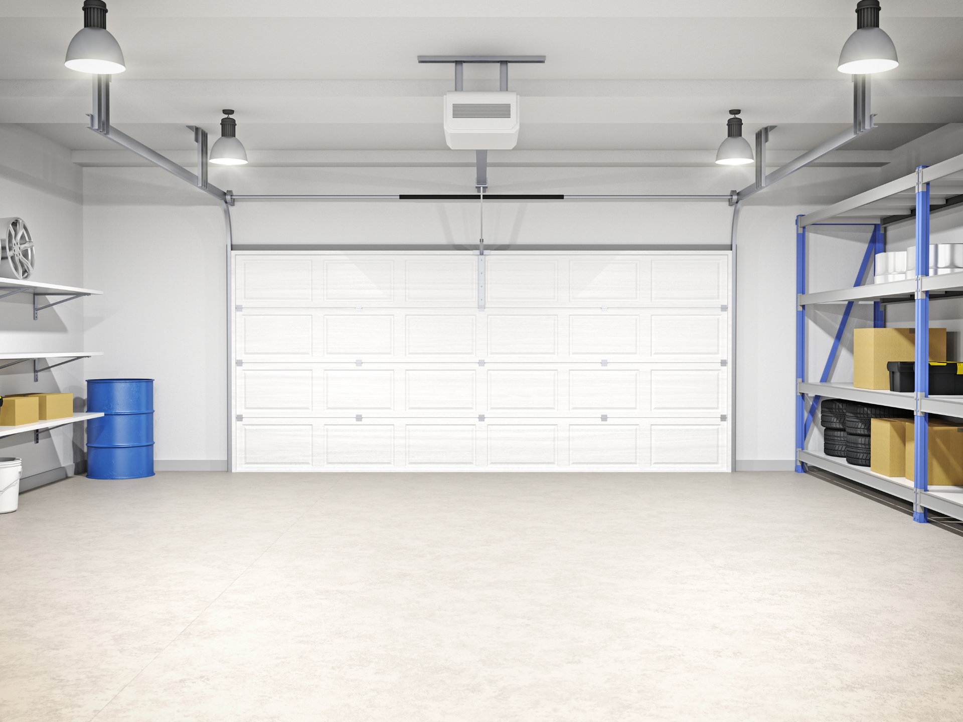 Empty, clean garage with closed white door, shelves, storage, and overhead lights.