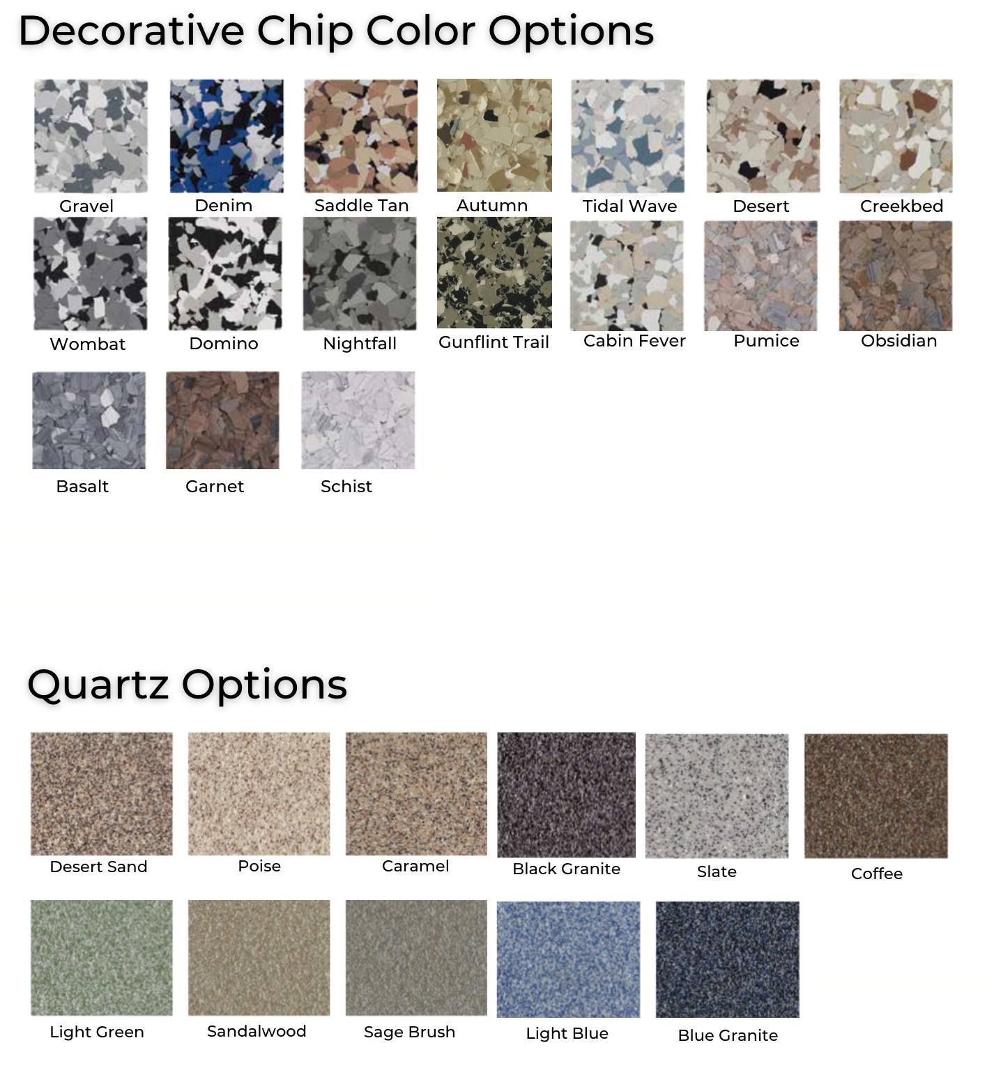 A picture of decorative chip color options and quartz options