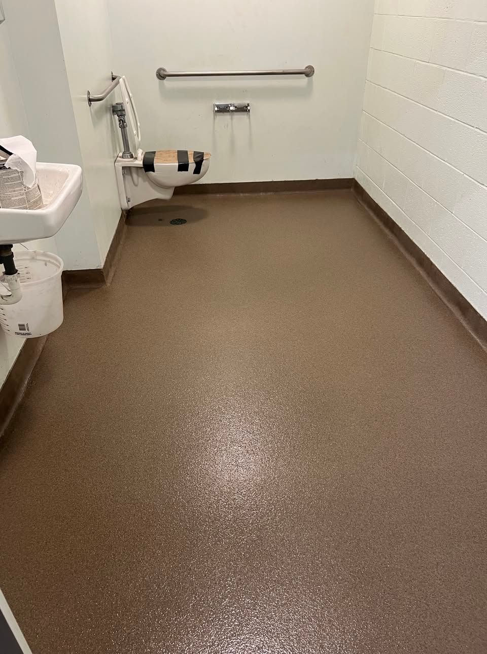 A bathroom with a toilet , sink , and handrails.