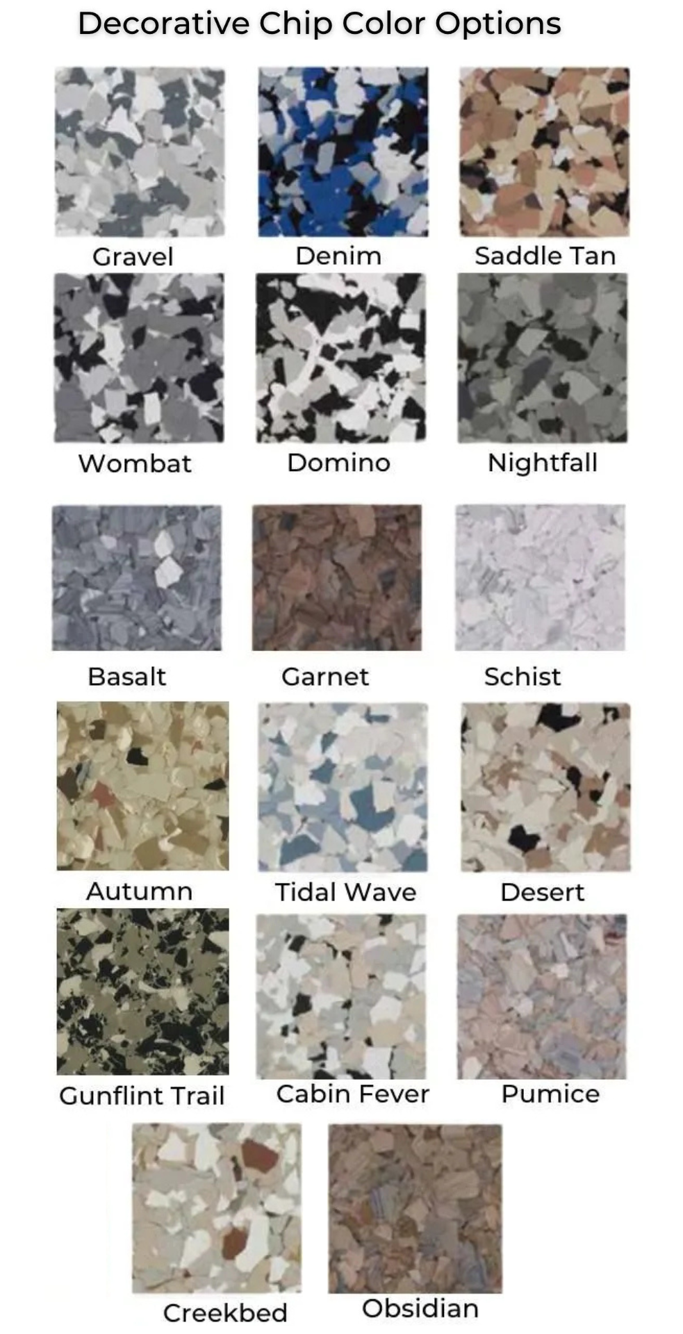 A picture of decorative chip color options and quartz options