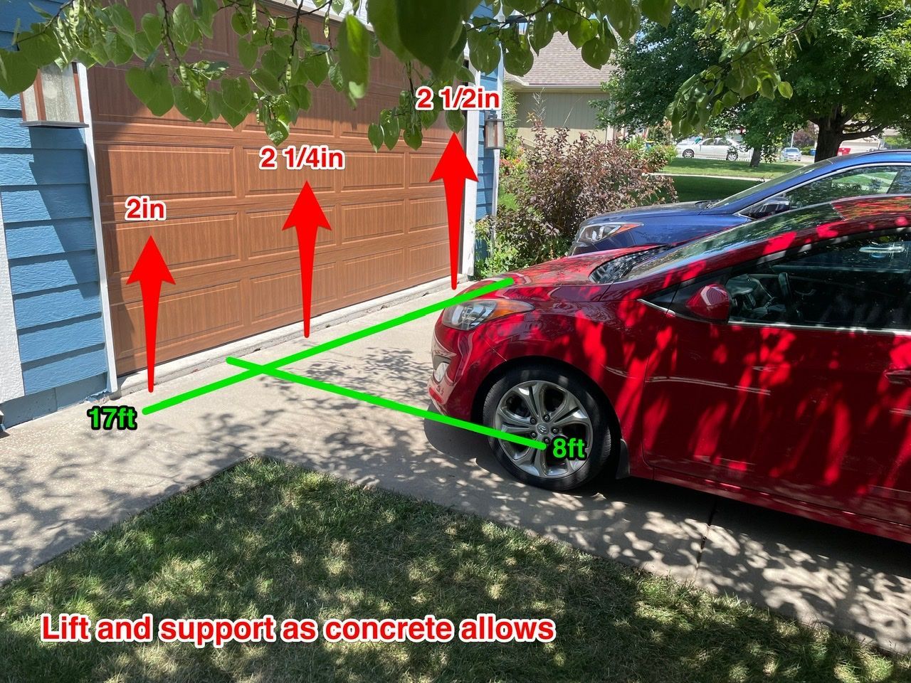 A red car is parked in front of a garage door