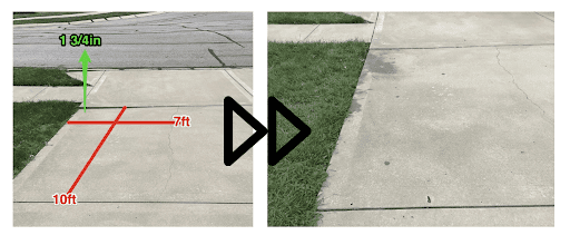 A picture of a sidewalk with a green arrow pointing to the right