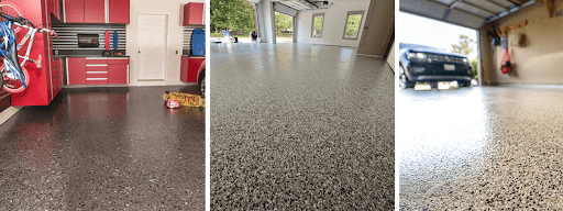 A collage of three pictures of a garage floor and a kitchen floor.