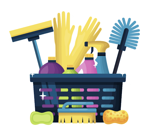A basket filled with cleaning supplies and gloves.