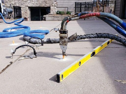 A yellow level is sitting next to a hose on the ground.