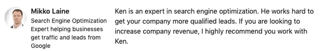 LinkedIn Review for SEO consultant, Ken Phillips, for search engine optimization expertise.