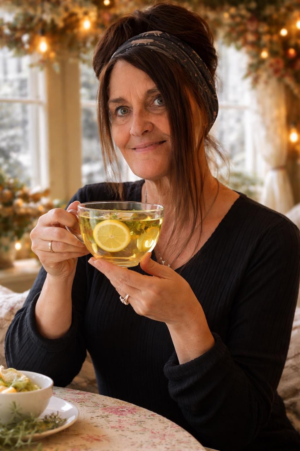 Woman holding a clear teacup with lemon, smiling indoors, soft lighting, and a floral setting. Woman holding a clear teacup with lemon, smiling indoors, soft lighting, and a floral setting.